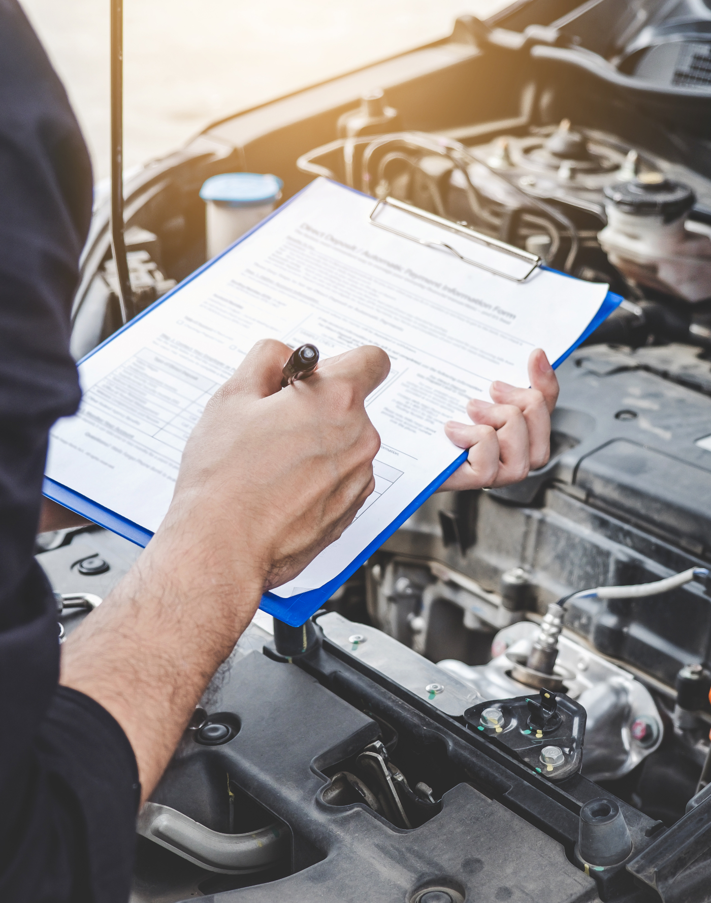 Mechanic checking a car engine with a clipboard checklist - Car Servicing Batley